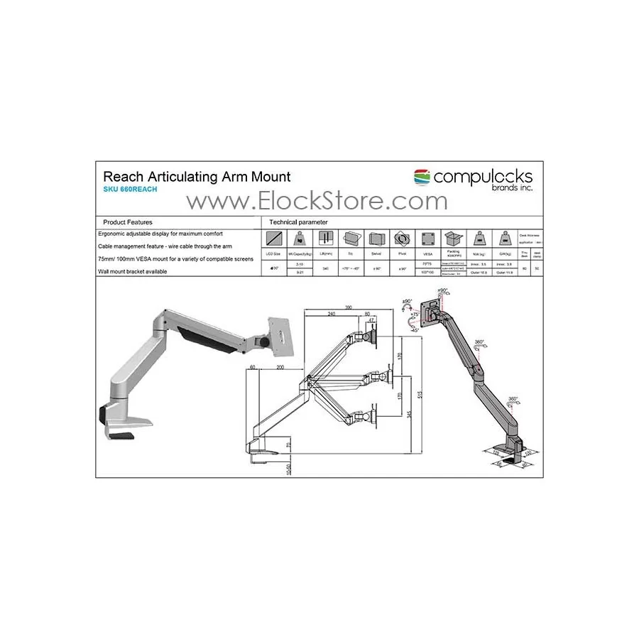 Bras articulé télescopique VESA - Compulocks 660REACH